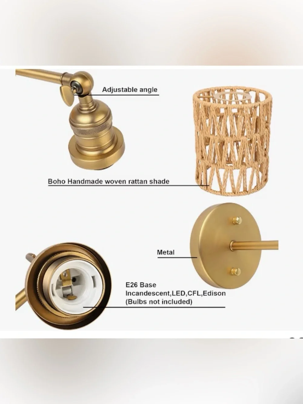 Rattan Boho Wrapped Wall Sconce Light,